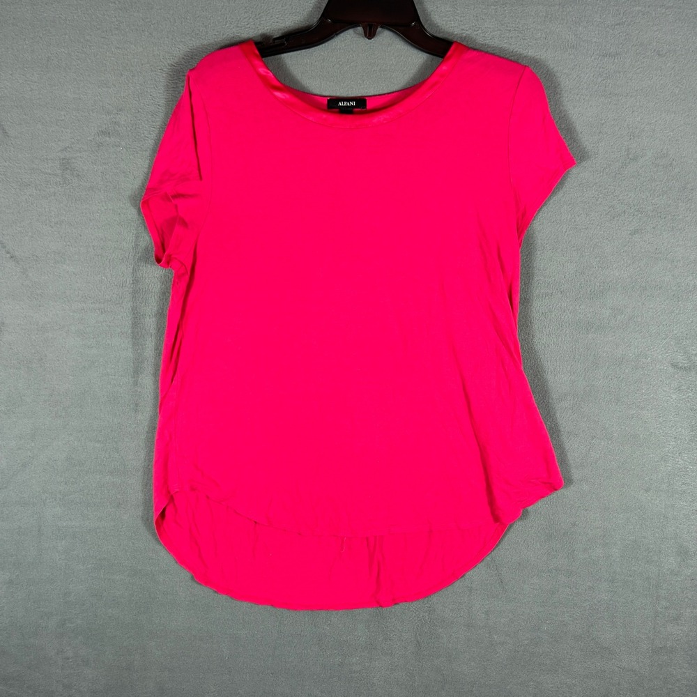 Alfani Womens Top L Pink Solid High-Low Short Sleeve Satin Trim Scoop Neck Pleat